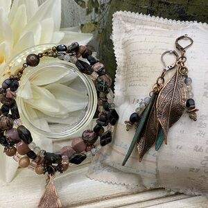 Antique Copper, Pink and Black Bohemian Bracelet with Drop Leaf Earrings Set